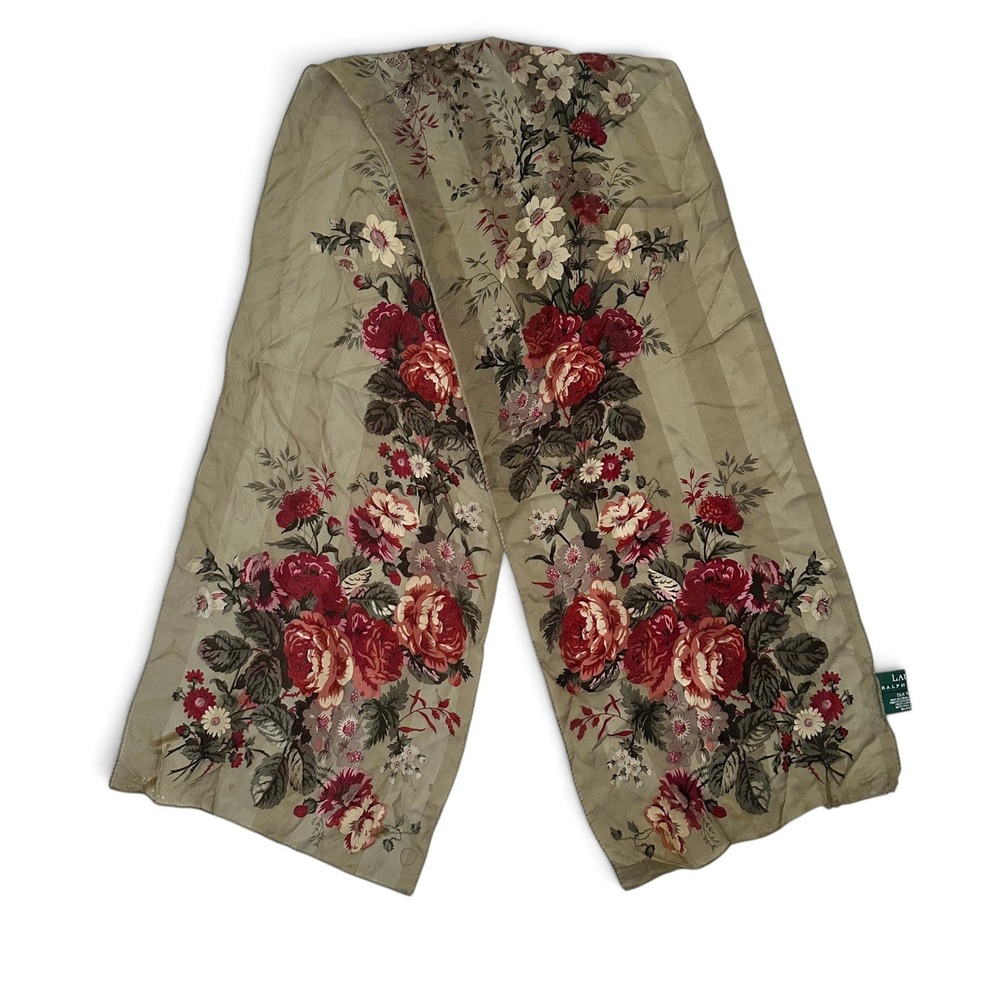 Lauren Ralph Lauren Silk Scarf Floral Beige Red 100% Silk Oblong